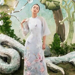 Sky blue Vietnamese traditional dress with 3D design